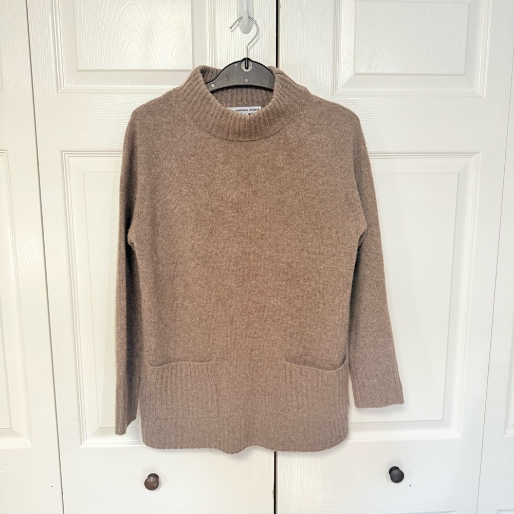 The Cashmere Project | 100% Cashmere Mock Neck Pocket Sweater in Taupe M